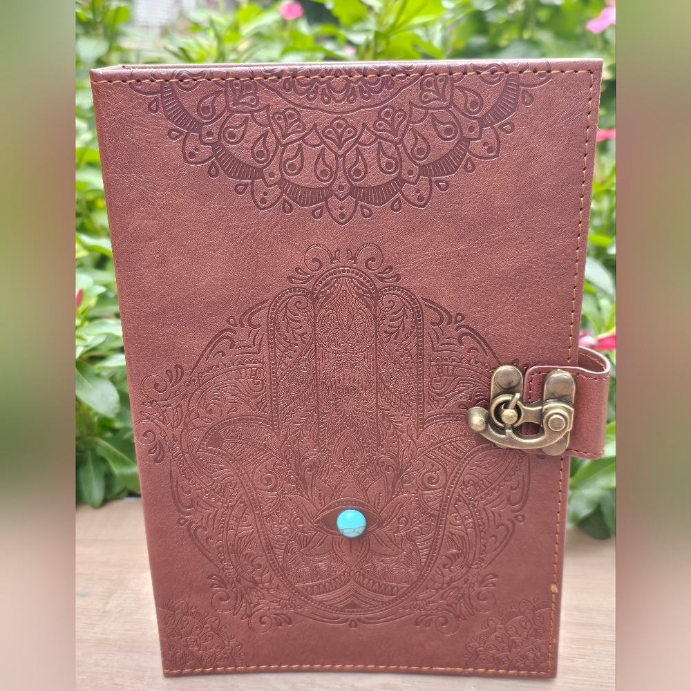 Brown Embossed  Leather Journal with Turquoise Hasma Hand